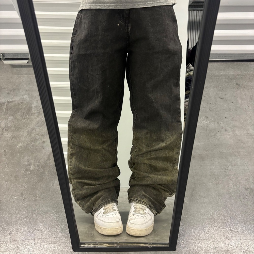 Mens Baggy Wide Leg Ombre Gradient Jeans Black Olive Streetwear 34x32